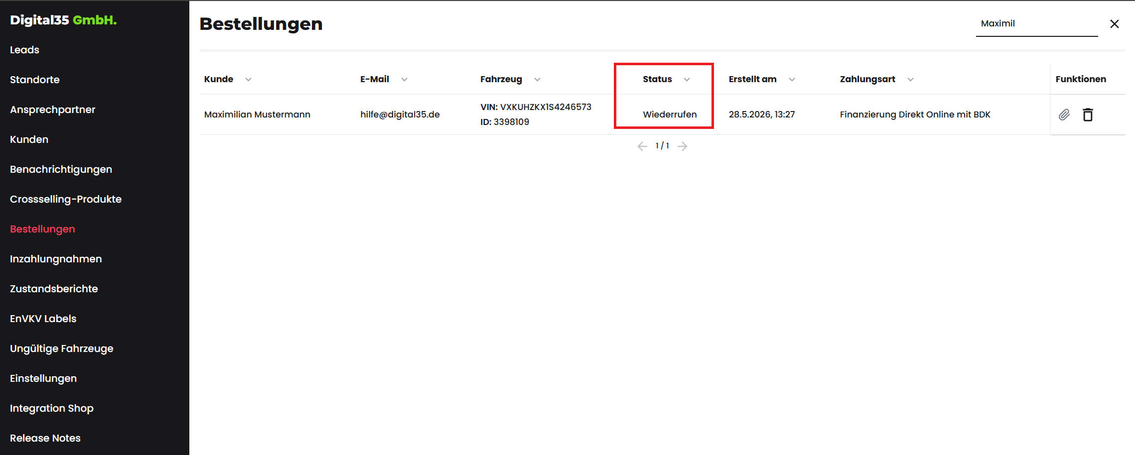 Adminpanel: Bestellung mit Status „Widerrufen"