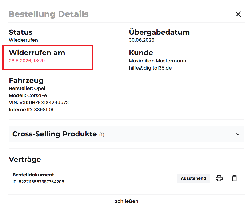 Detailansicht der widerrufenen Bestellung mit Widerrufszeitpunkt