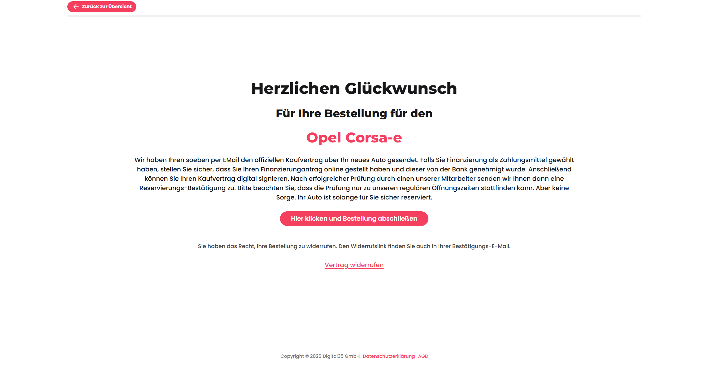 Bestätigungsseite nach Bestellabschluss mit Widerrufslink „Vertrag widerrufen"