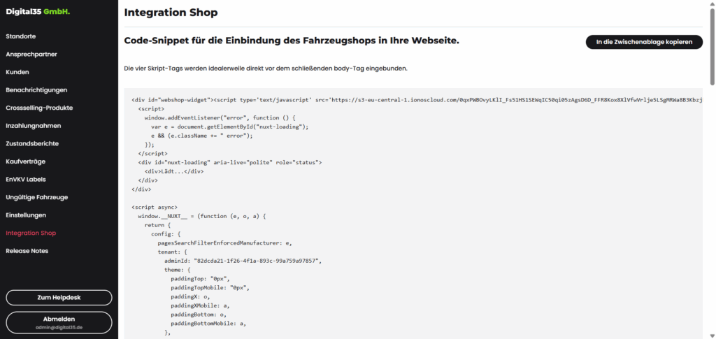 Integration-Einstellungen im Admin-Bereich