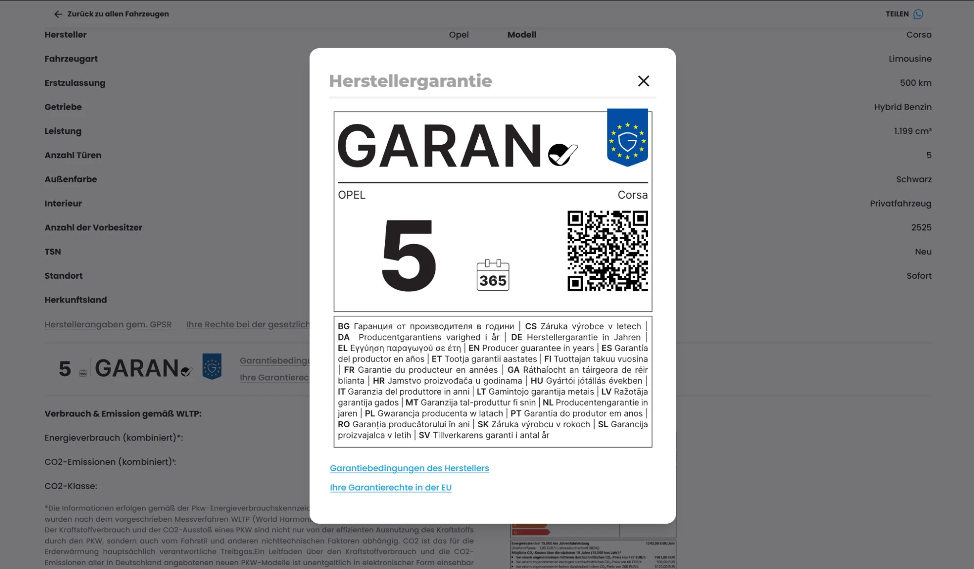 Das vollständige GARAN-Label im Fenster: Marke OPEL, Modellkennung Corsa, 5 Garantiejahre, QR-Code und mehrsprachige Fußzeile