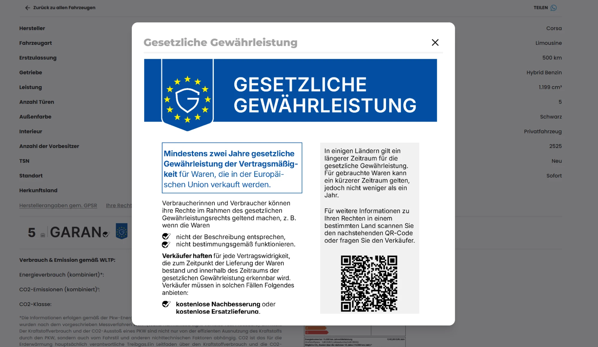 Die amtliche Mitteilung zur gesetzlichen Gewährleistung, geöffnet in einem Fenster über der Fahrzeugdetailseite