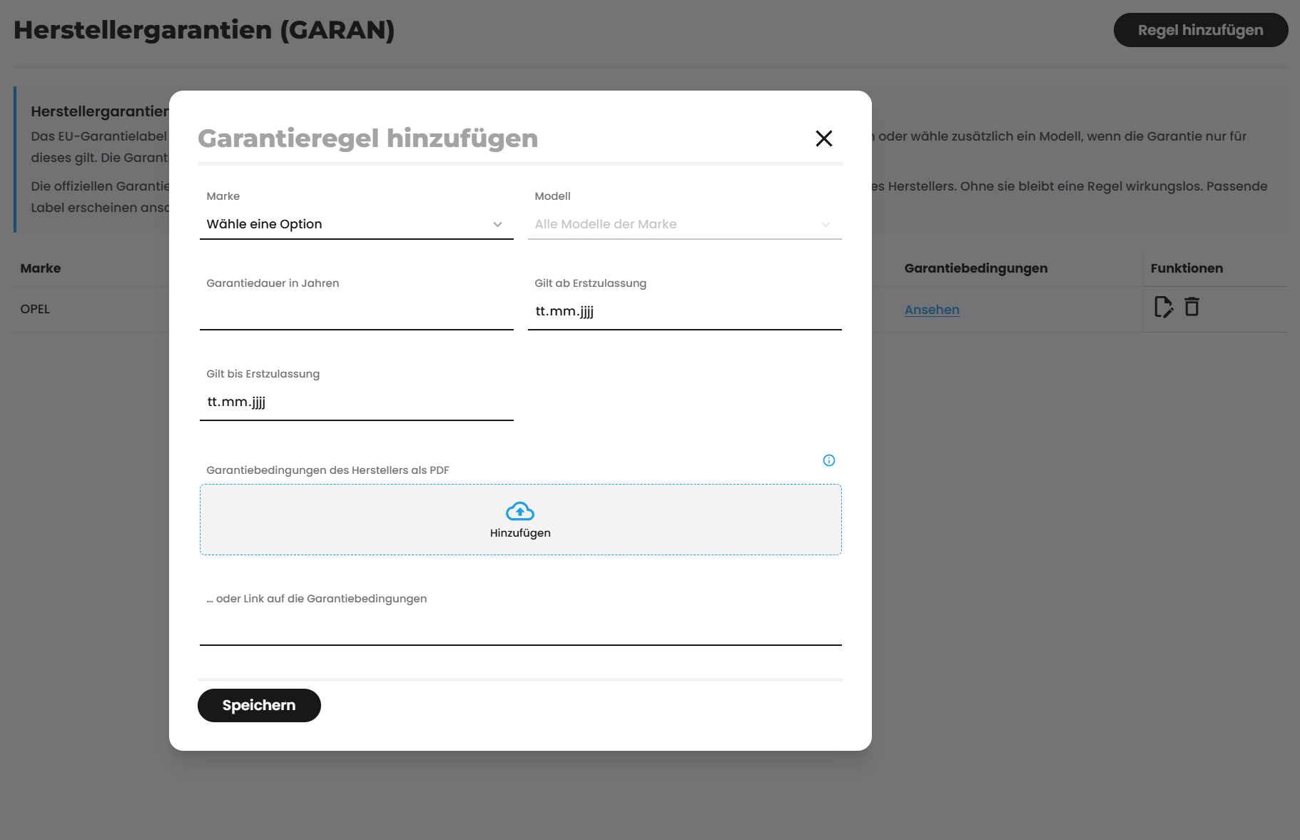 Das Formular „Garantieregel hinzufügen" mit den Feldern Marke, Modell, Garantiedauer, Erstzulassungszeitraum und Garantiebedingungen