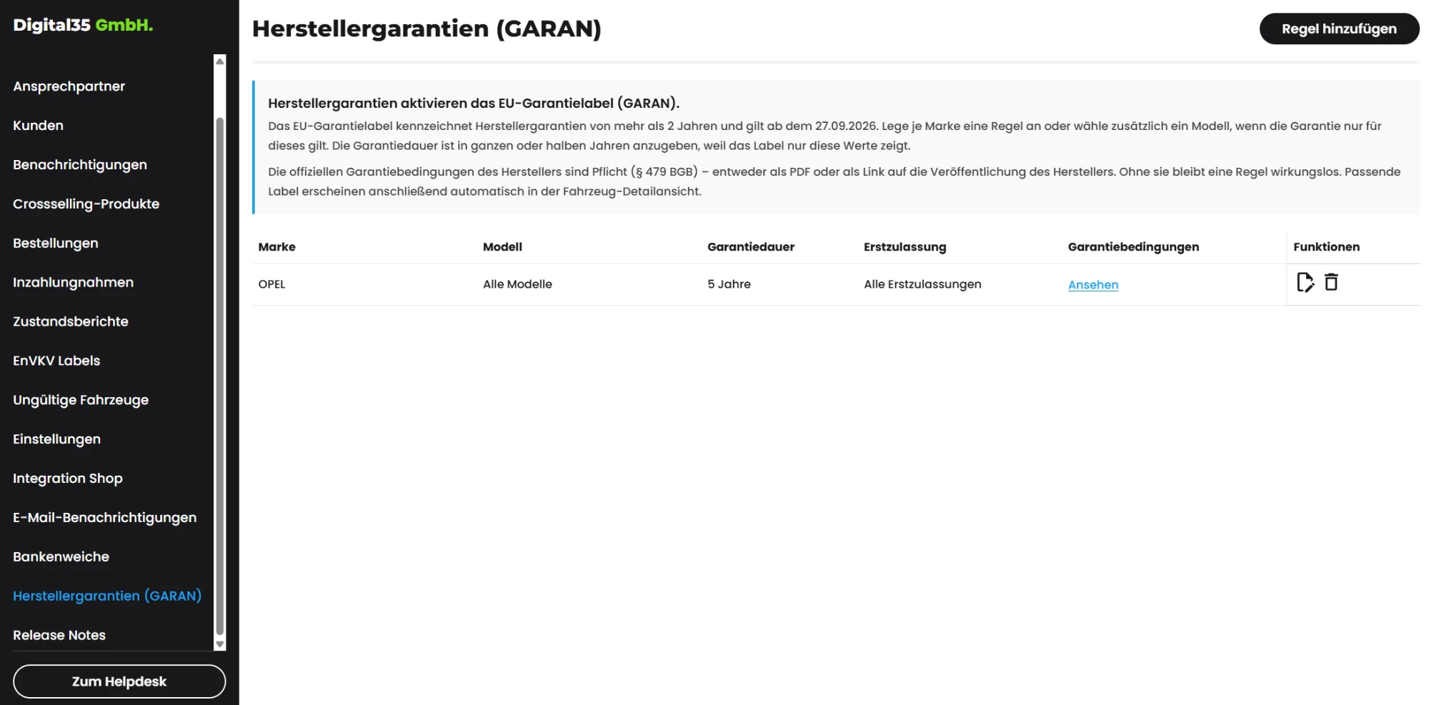 Die Seite „Herstellergarantien (GARAN)" im Admin-Bereich mit der Liste der angelegten Garantieregeln