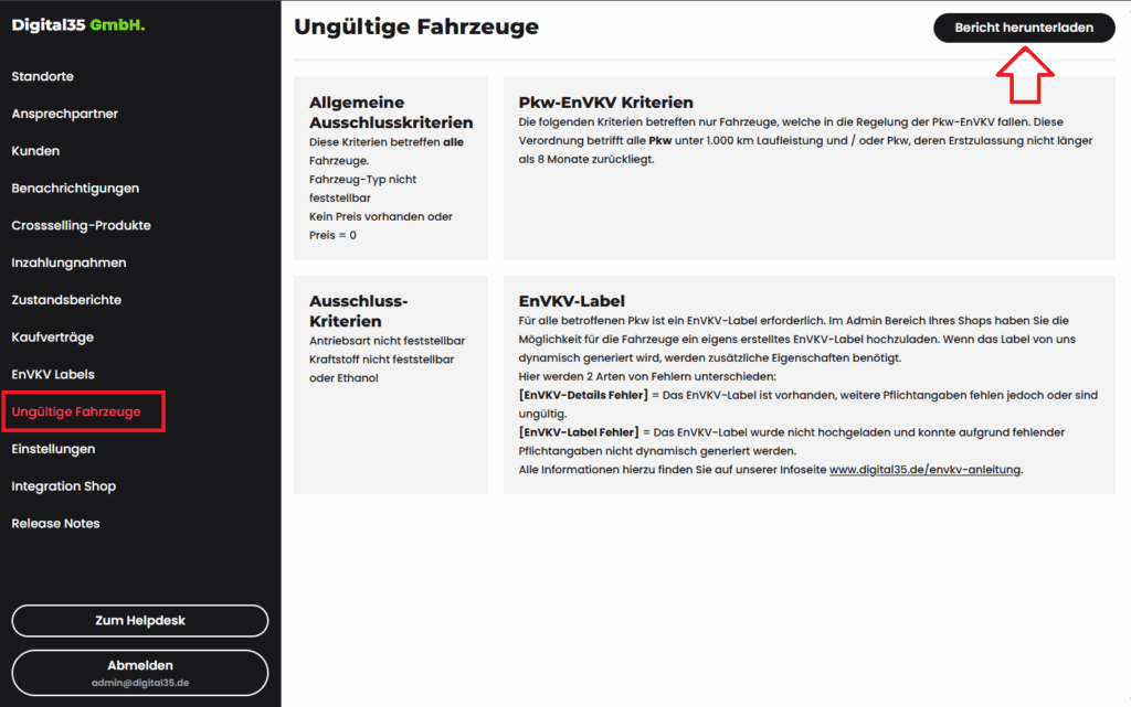 Bericht über ungültige Fahrzeuge im Admin-Bereich