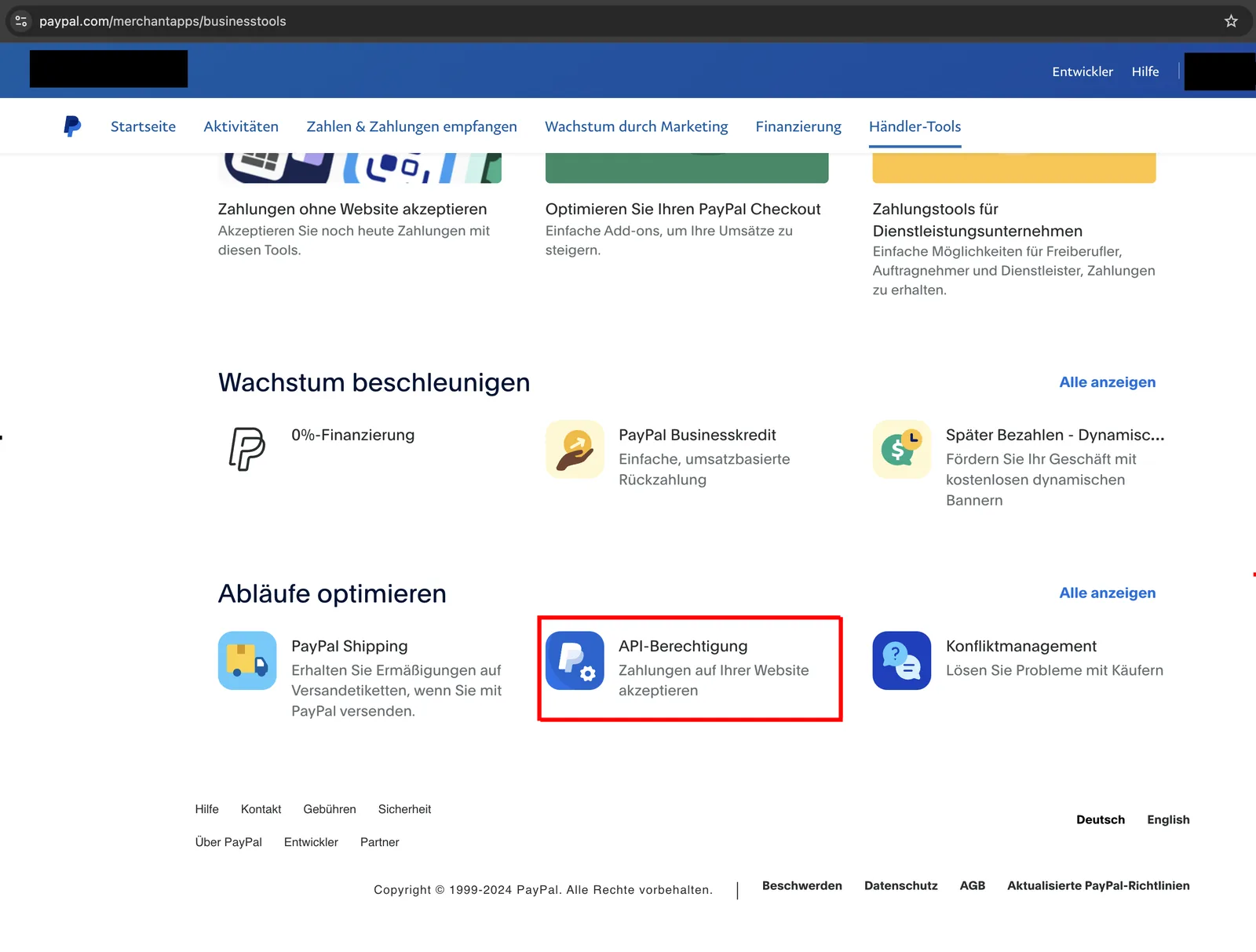 Händler-Tools mit der Kachel „API-Berechtigung“ im Bereich „Abläufe optimieren“
