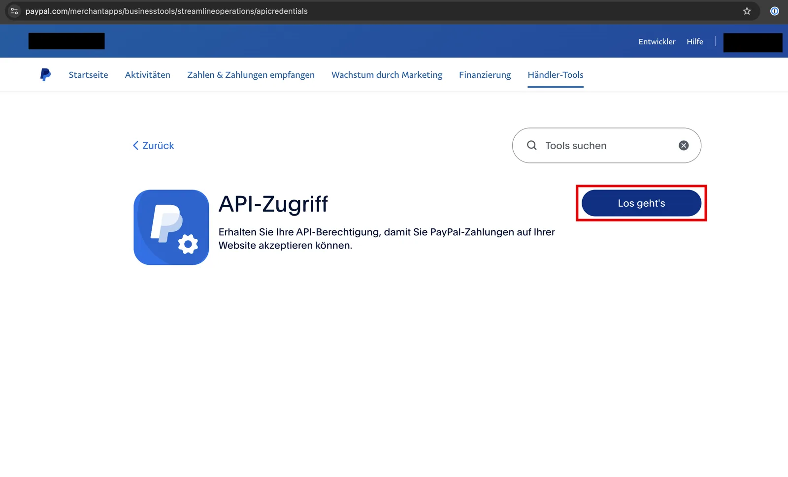 Seite „API-Zugriff“ mit der Schaltfläche „Los geht’s“