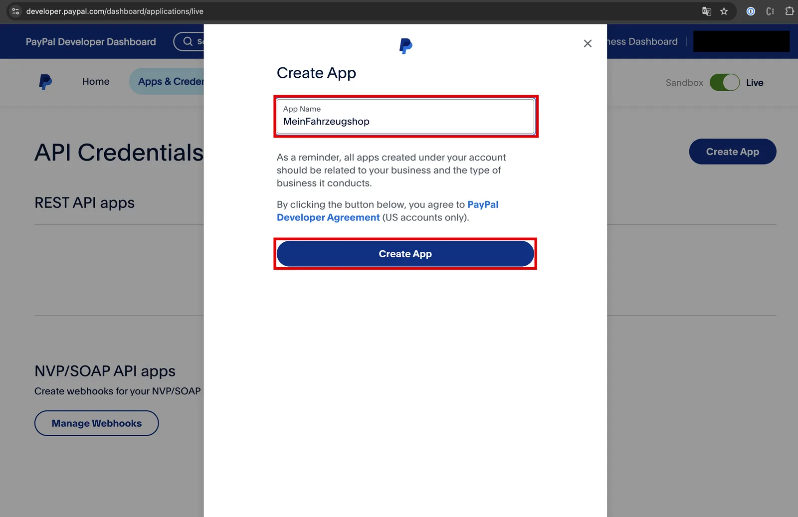 Dialog „Create App“ im PayPal Developer Dashboard mit dem App-Namen „MeinFahrzeugshop“