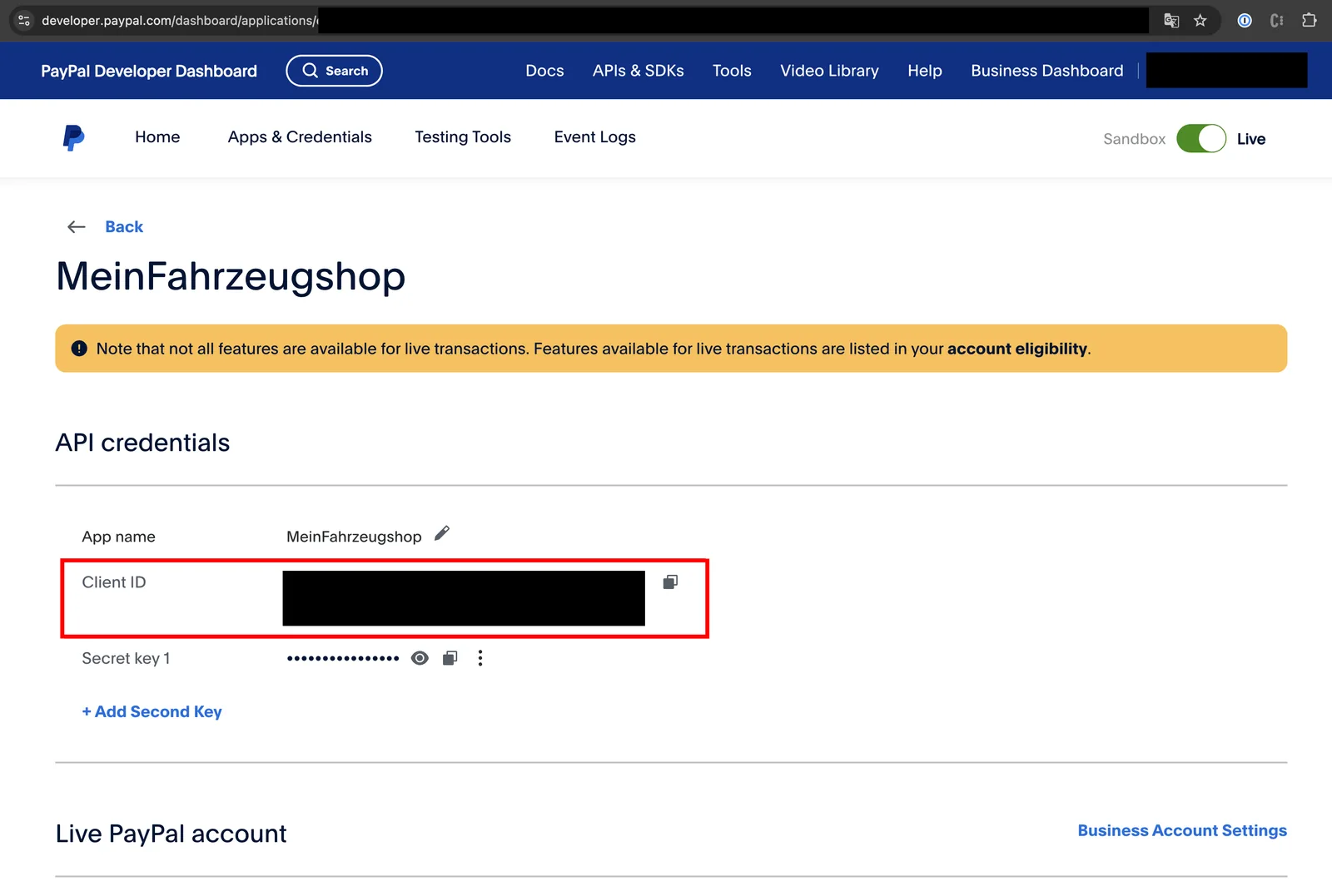 App-Details mit der Client ID unter „API credentials“