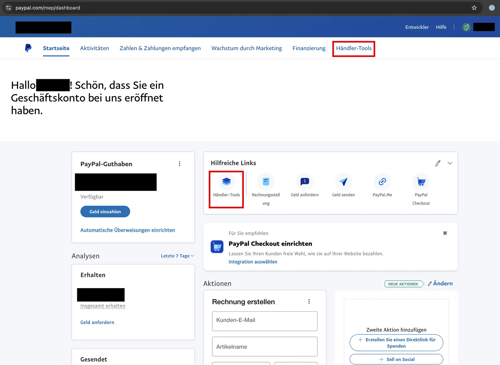 PayPal-Dashboard mit dem Menüpunkt „Händler-Tools“ und der Verknüpfung unter „Hilfreiche Links“