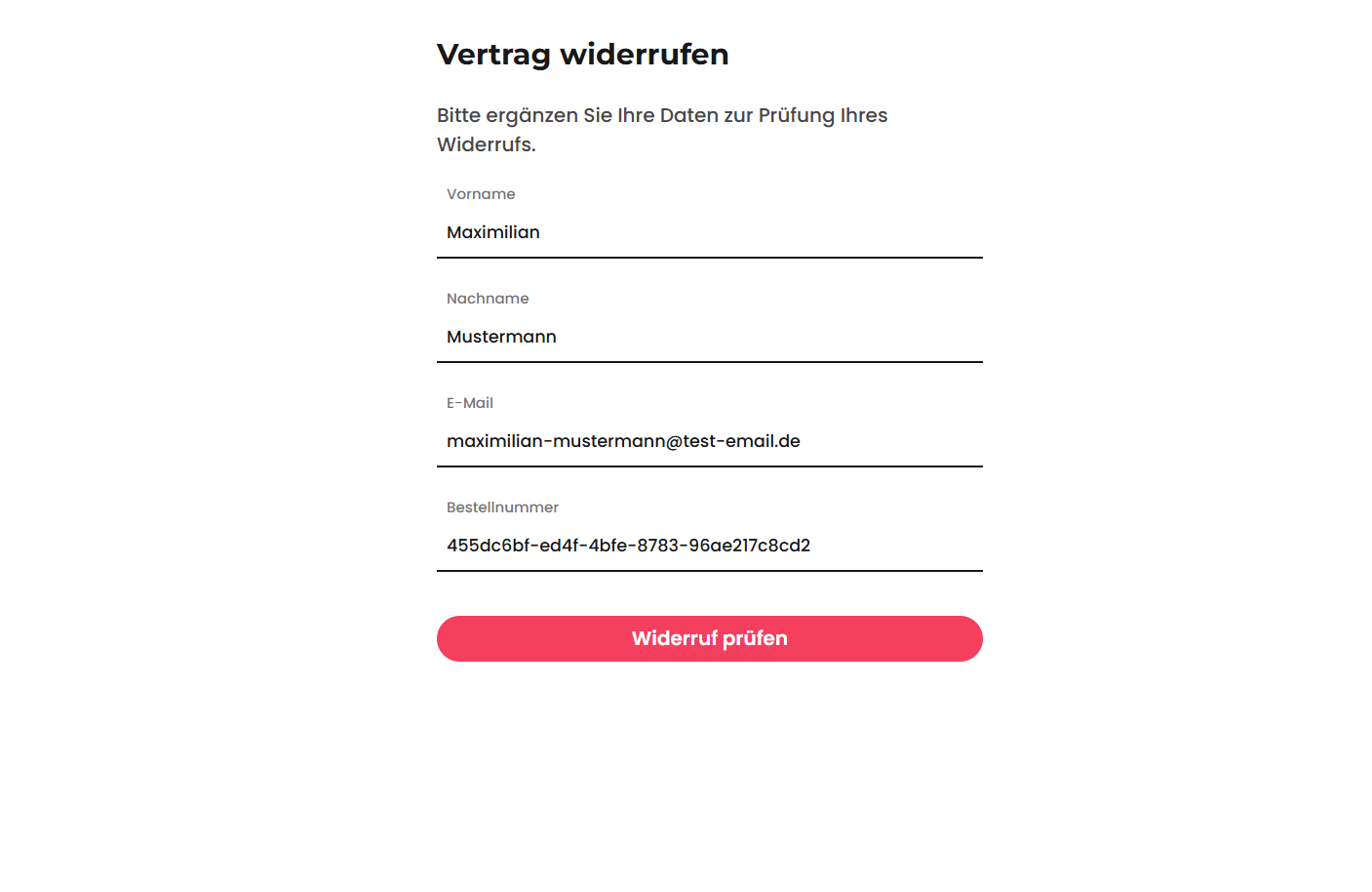Widerrufsformular mit Eingabefeldern für die Bestelldaten