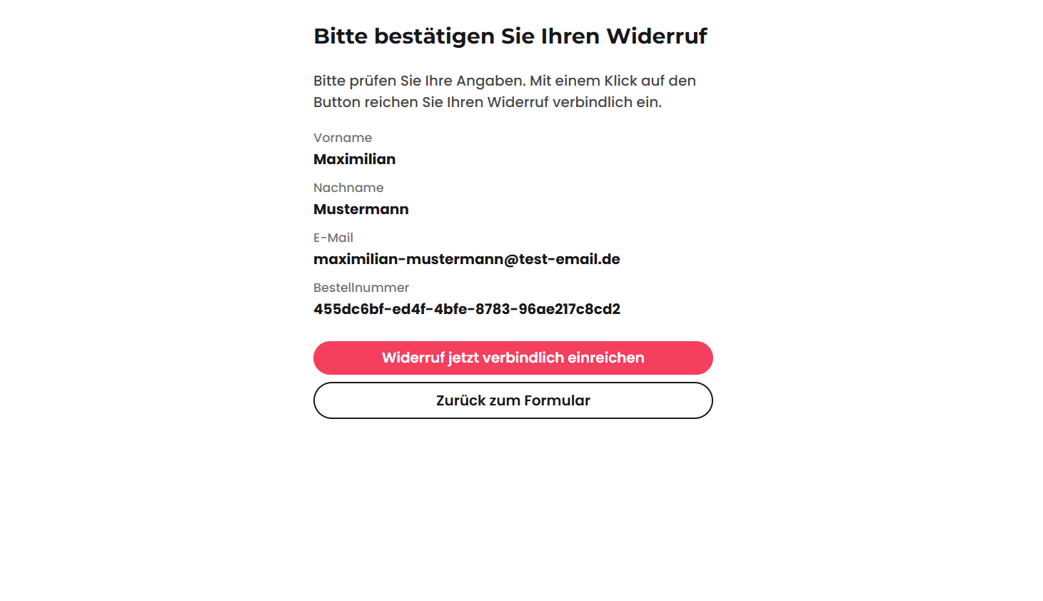 Zusammenfassung der Widerrufsangaben mit Bestätigungs-Button